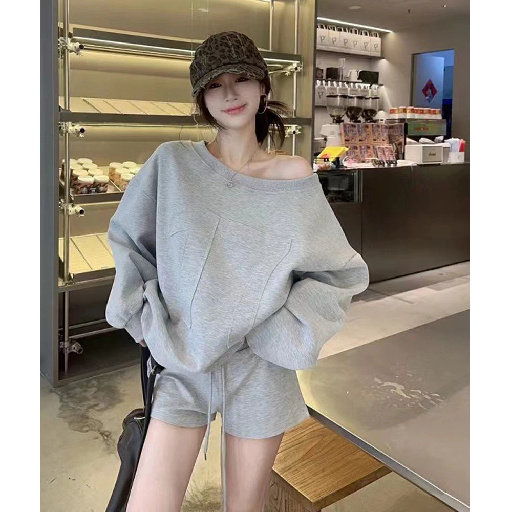 美式慵懒风灰色休闲运动套装女通勤街头宽松长袖露肩卫衣短裤子