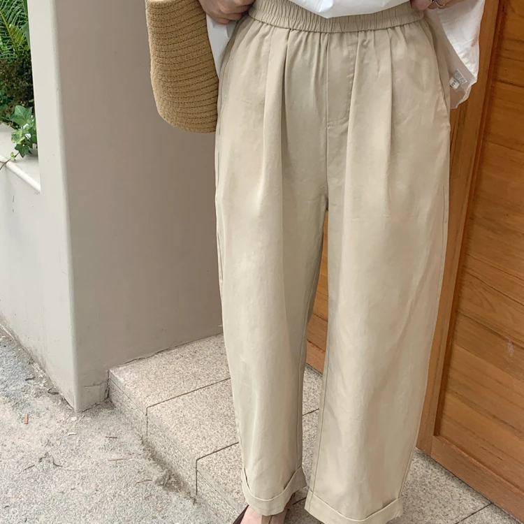 心蓝家 莱赛尔休闲裤卷边卡其色百搭休闲裤小个子女裤穿搭显高150