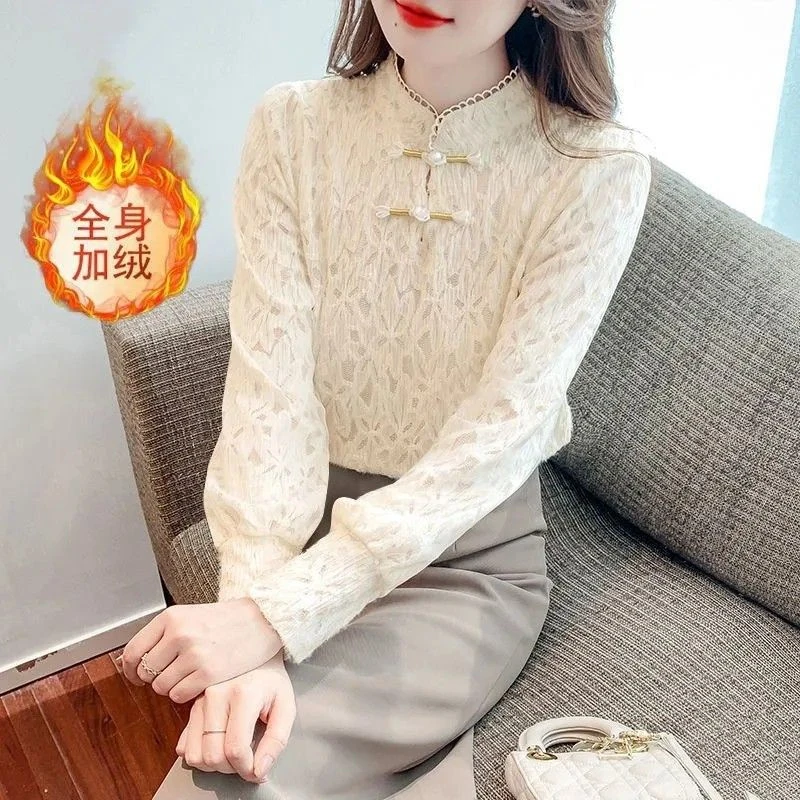 加绒加厚秋冬新款打底衫女蕾丝衫时尚小衫显瘦洋气内搭上衣衬衫潮