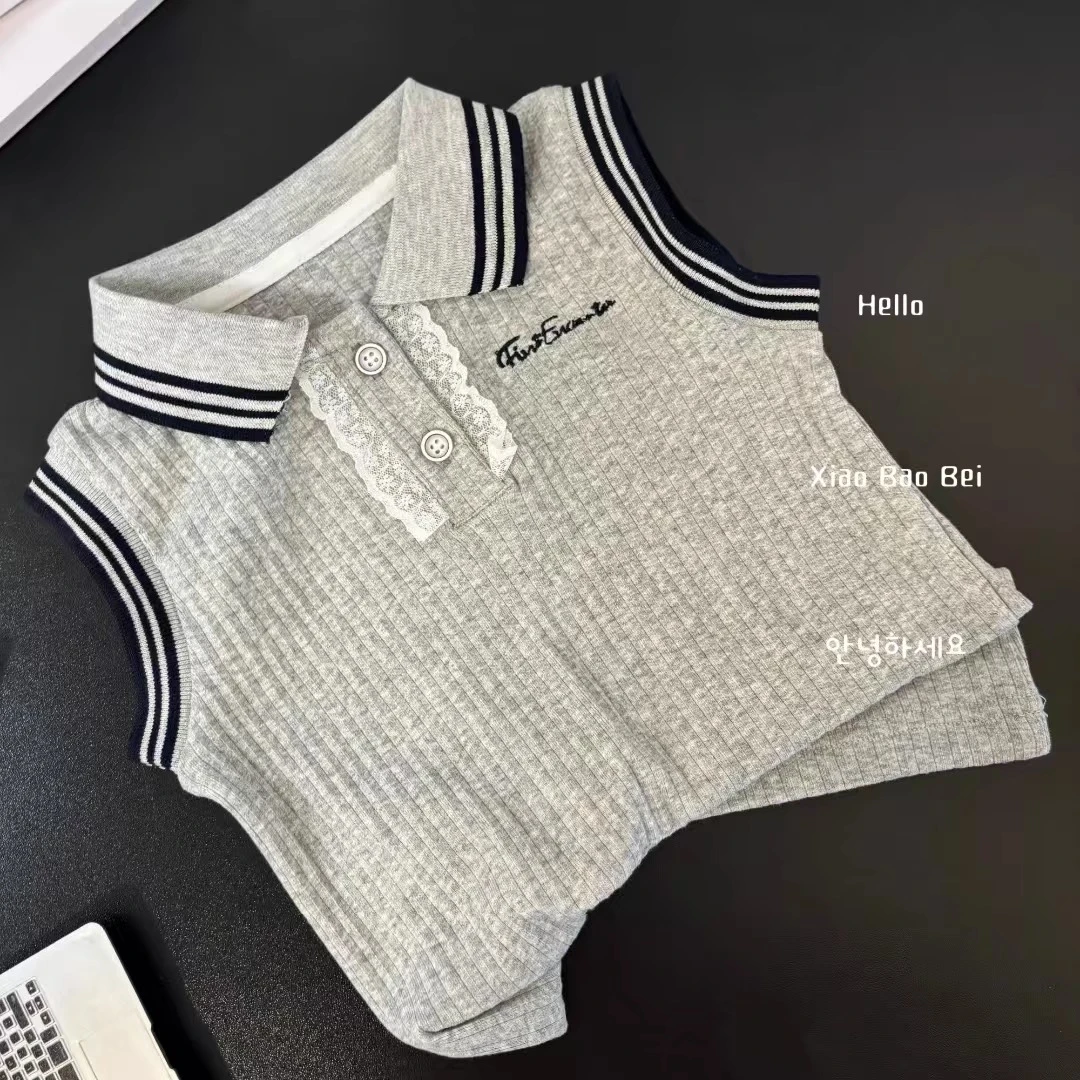 女童夏季针织背心T恤2025新款女宝宝洋气条纹翻领花边无袖上衣潮
