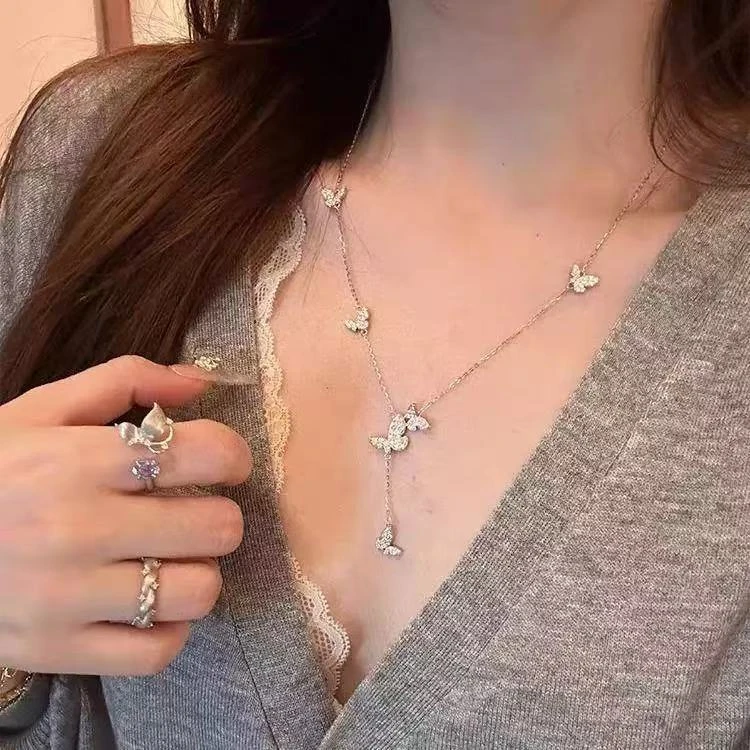 坠链均925银 银蝴蝶毛衣项链