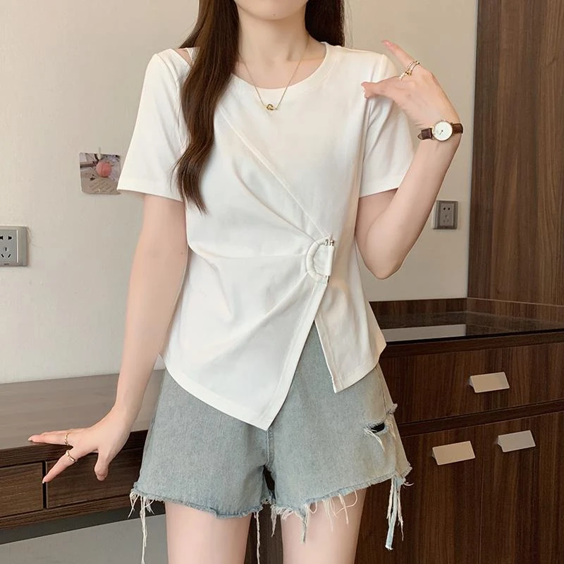大码不规则开叉正肩短袖女t恤夏今年新款设计感白色掐腰上衣胖mm