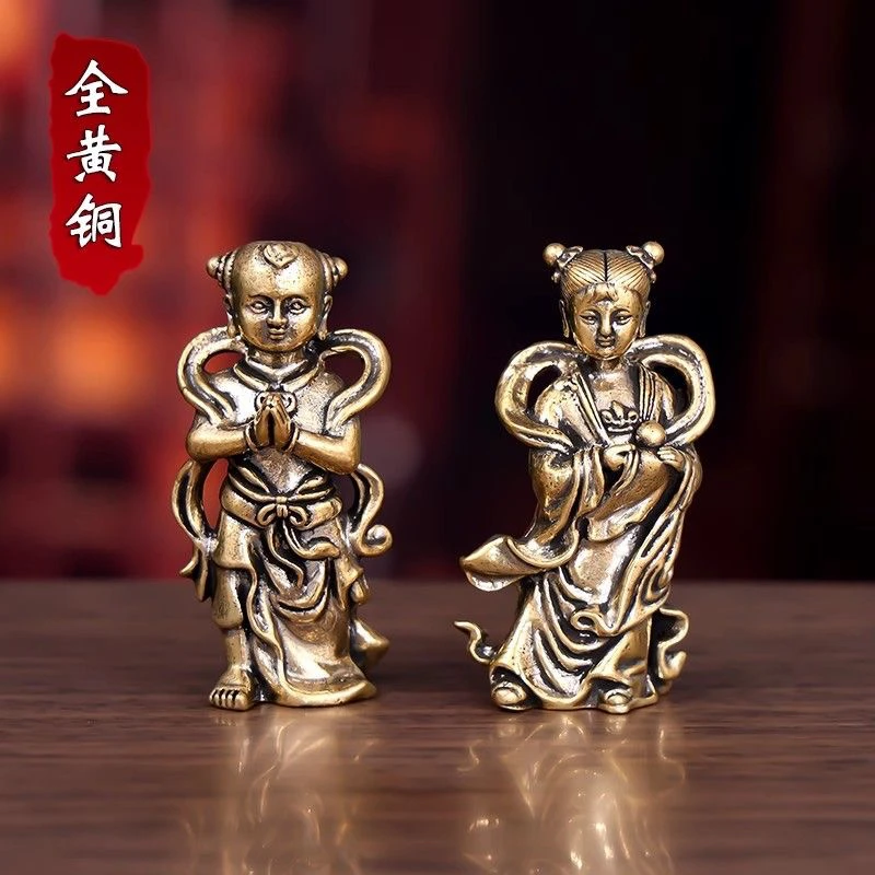 创意纯黄铜善财童子龙女金童玉女童女家用供奉纯黄铜工艺品小摆件