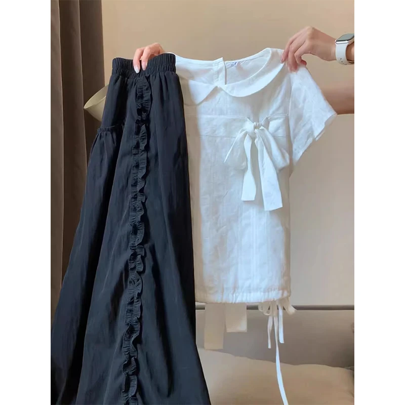 白色蝴蝶结系带娃娃领衬衫套装女夏季新款学院风花边半身裙两件套