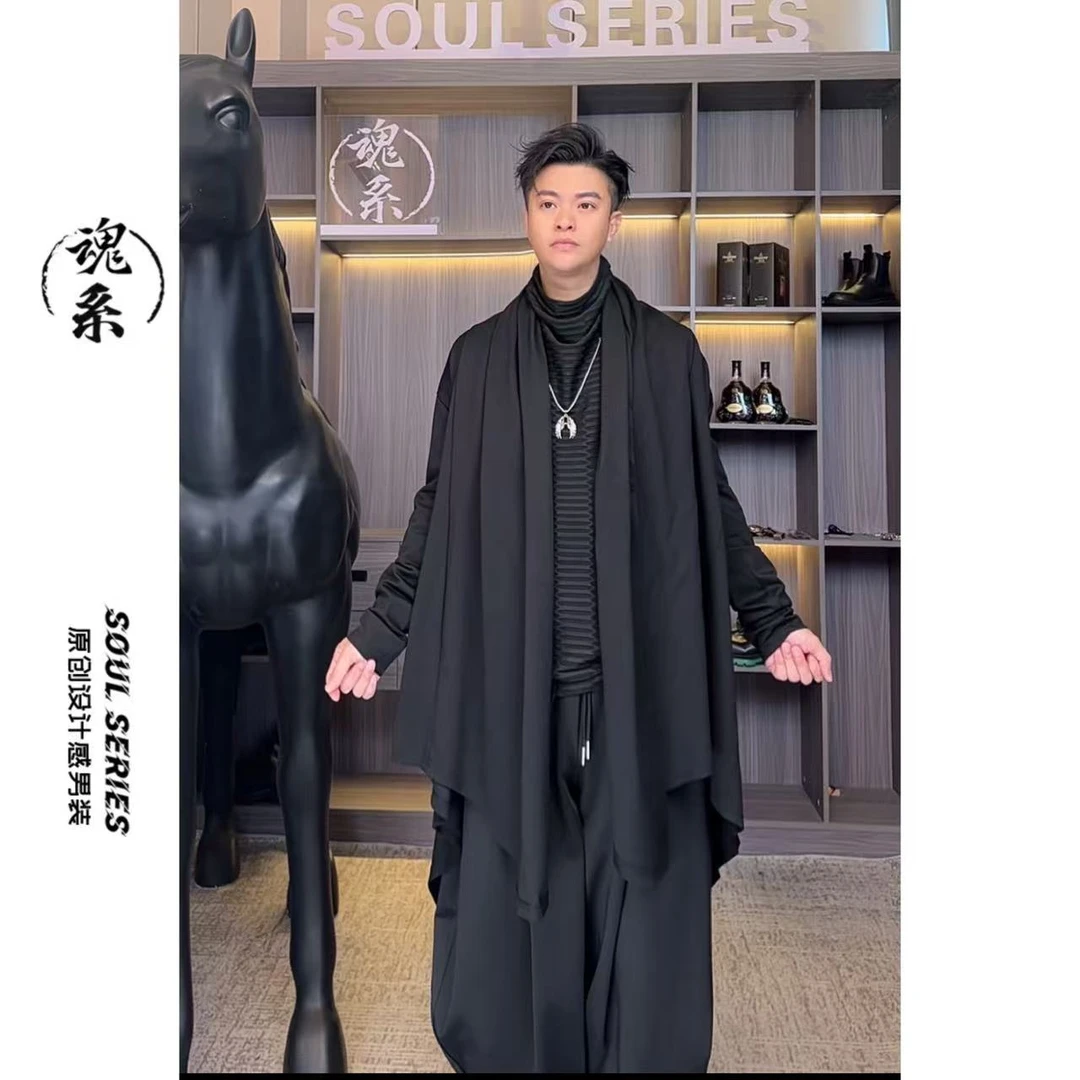 [魂系]秋季外套暗黑系长款薄风衣个性设计款男士黑色宽松-2518