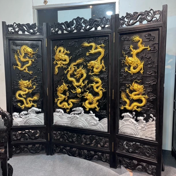 实木家具，满工雕龙屏风