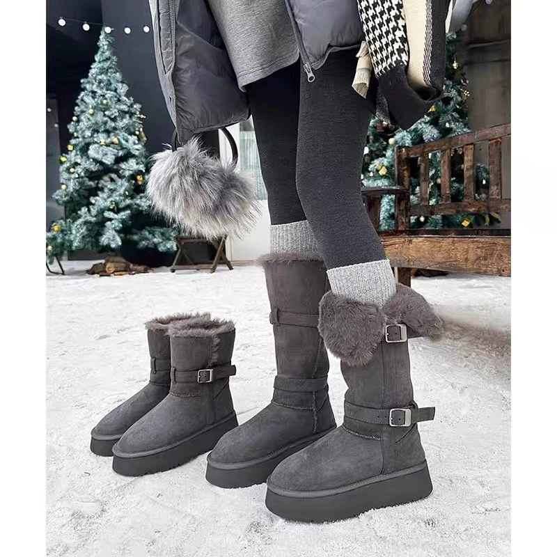 【现货现发】厚底雪地靴女冬季保暖毛毛靴灰色皮带扣时尚长筒灰色