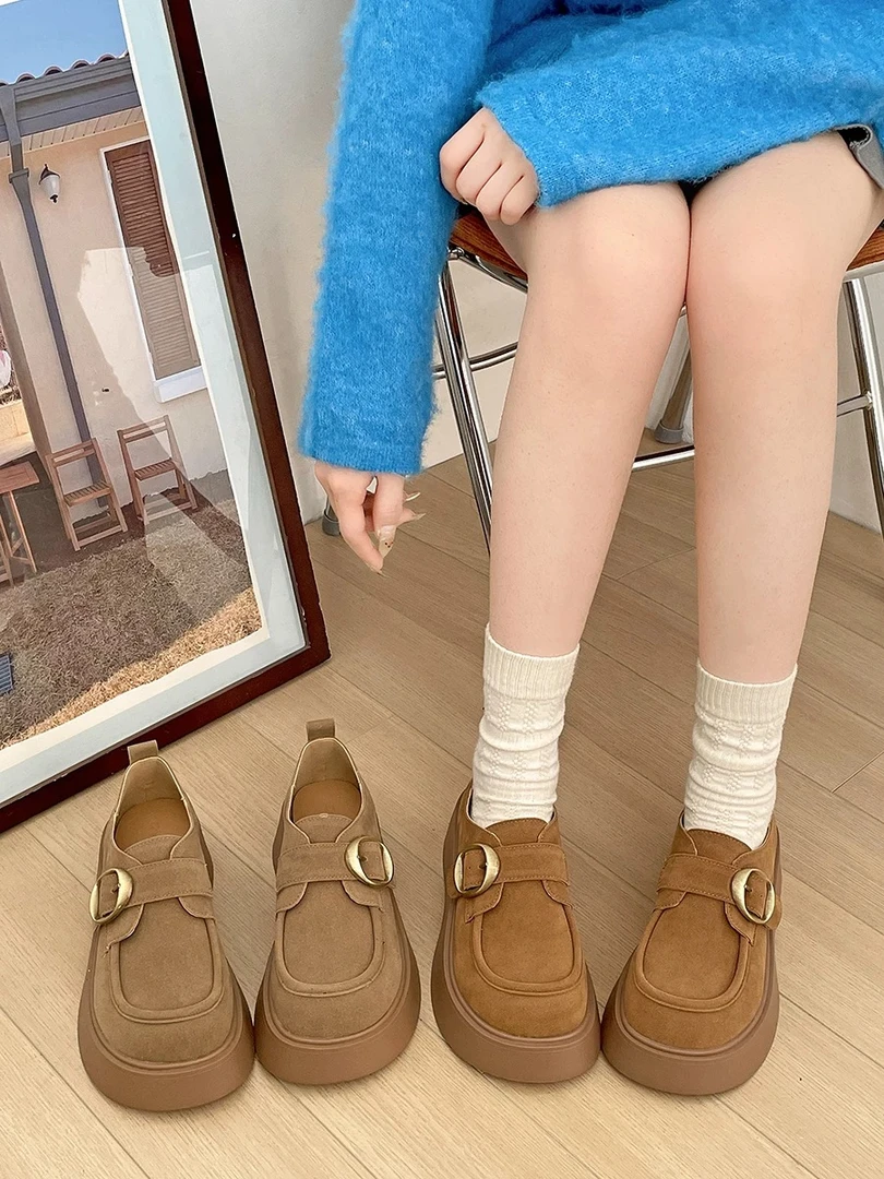 新款百搭复古厚底勃肯鞋女2025新款春秋小个子增高乐福单鞋子