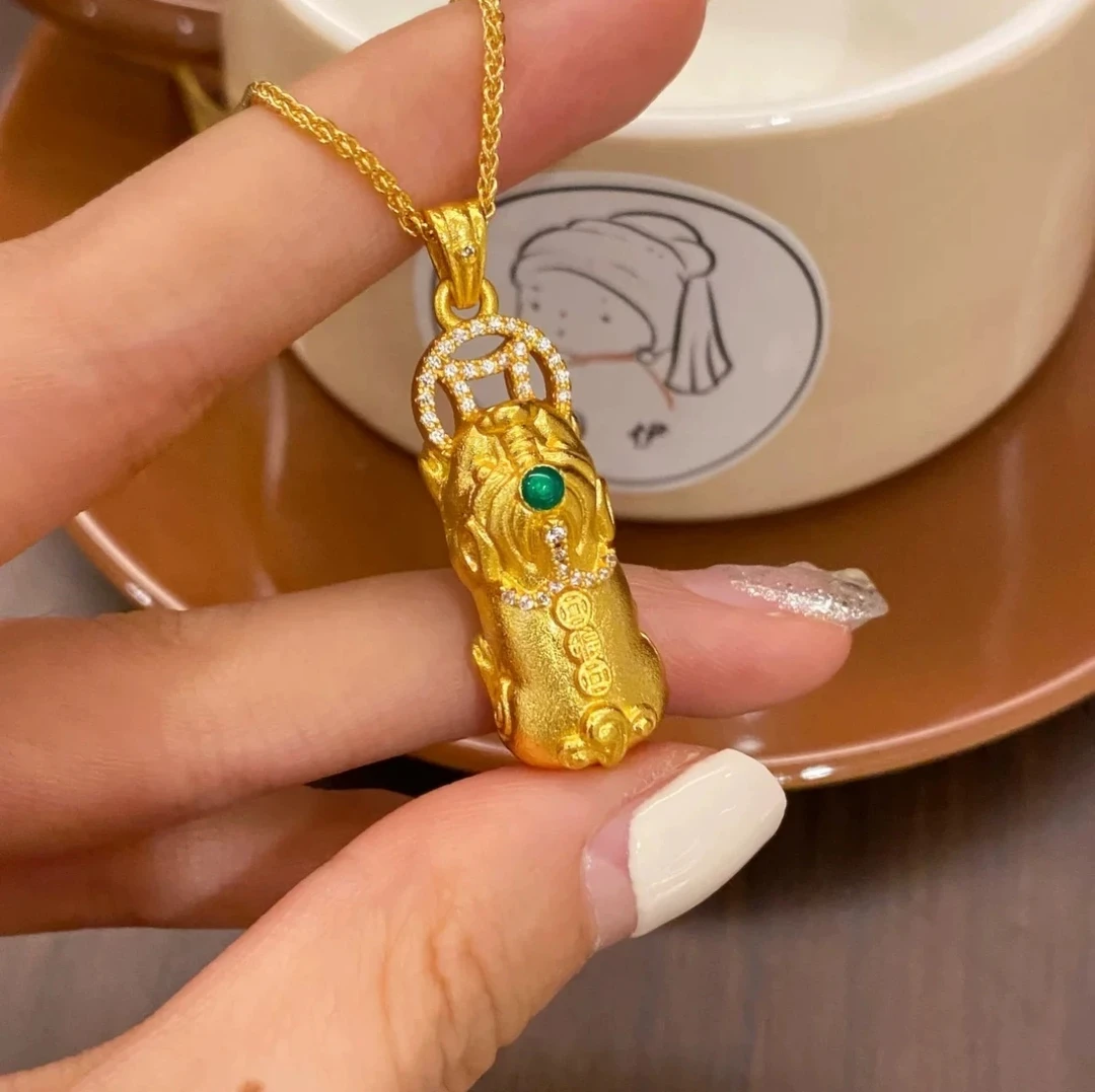 合金吊坠 【手工制作】铜钱貔貅吊坠 金色女生饰品感锁骨链
