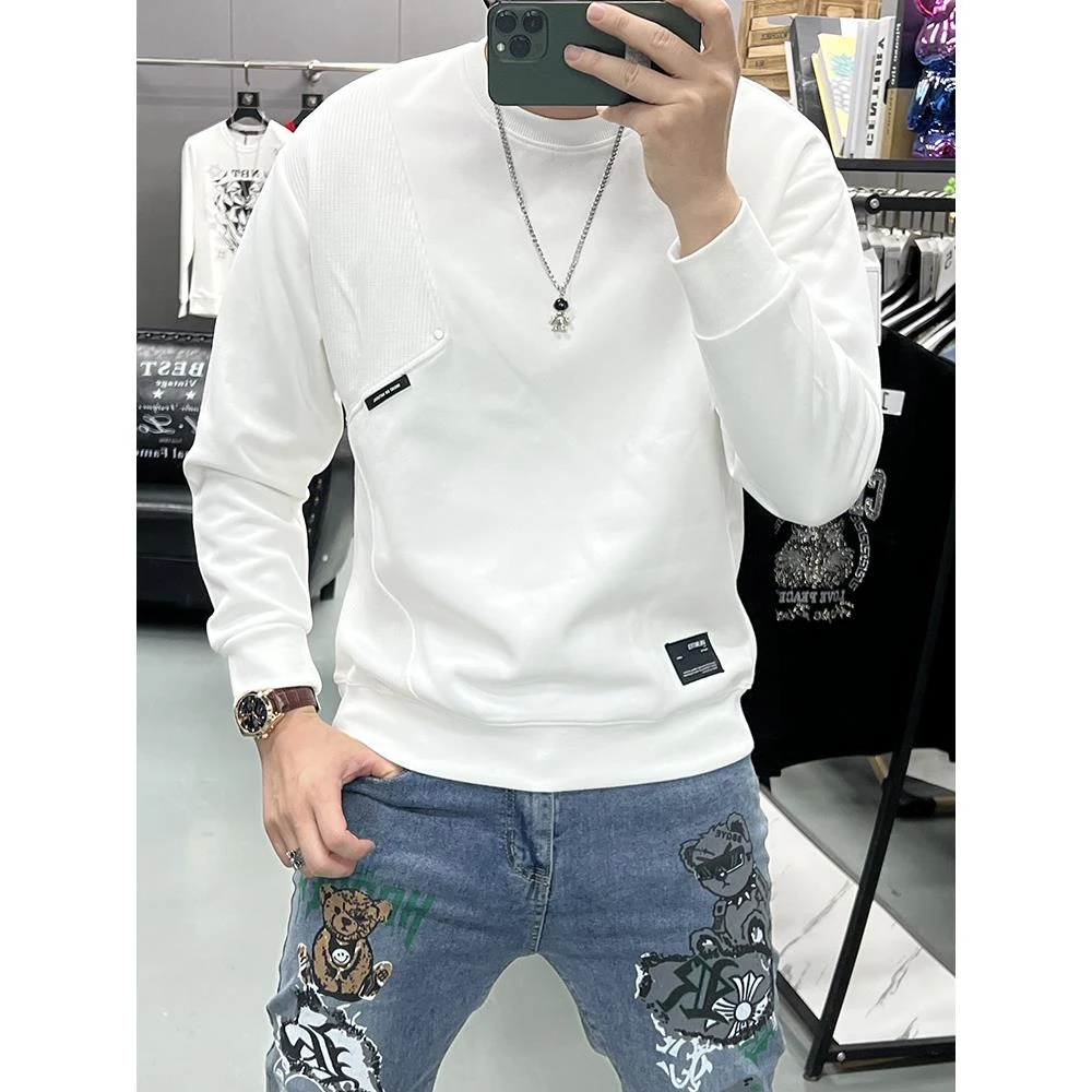 轻奢痞帅男装春秋新款长袖拼接卫衣男圆领打底衫百搭休闲美式上衣