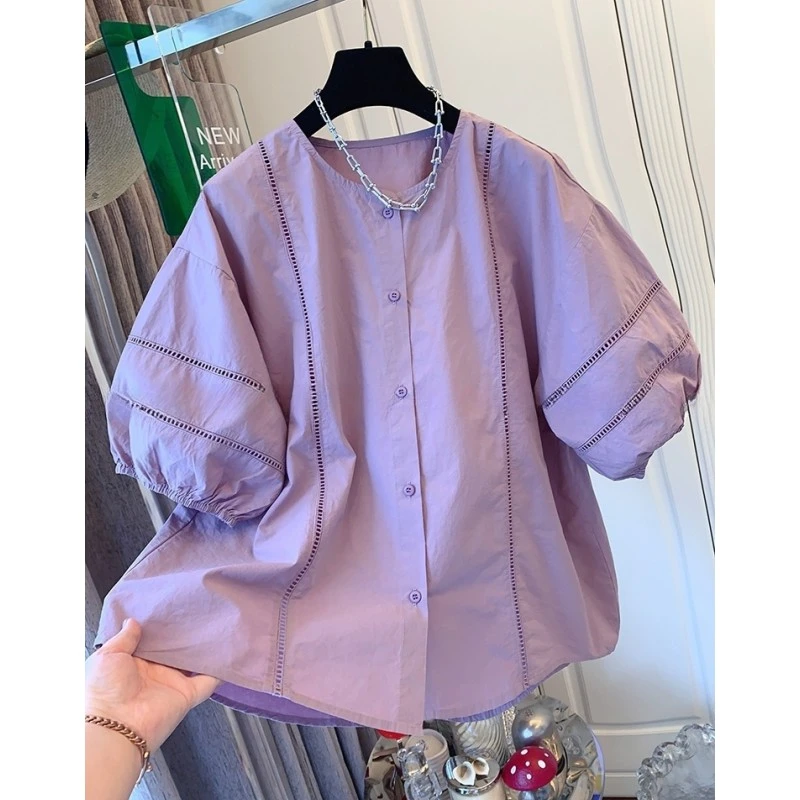 00091时尚独特超好看法式气质泡泡袖短袖衬衫上衣女娃娃衫夏季新