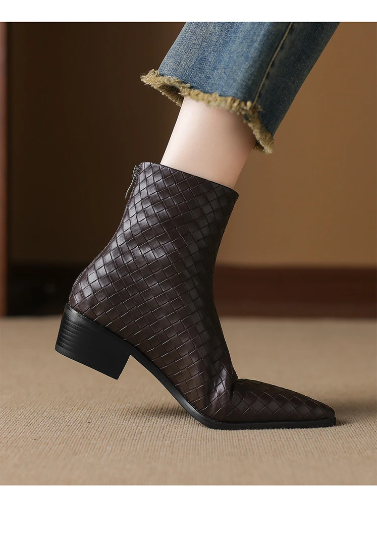 牛皮断码清仓复古尖头编织马丁靴女秋冬新款时尚单靴方跟切尔西靴