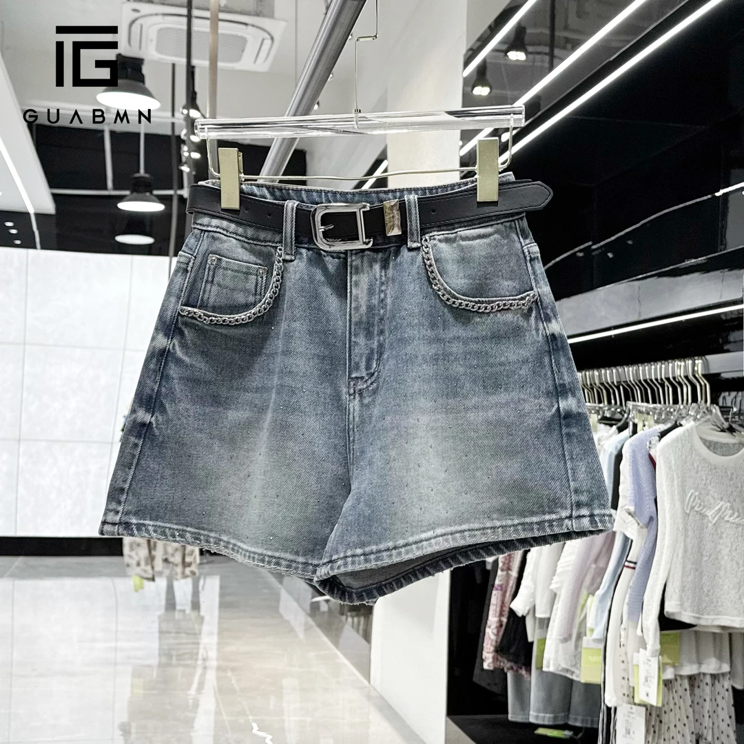 GUABMN2025夏季新款高腰镶钻水洗做旧百搭牛仔短裤夏日穿搭5208