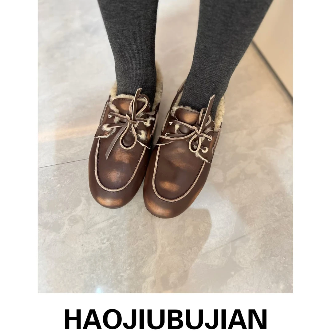 好久不见做旧咖加绒羊皮毛一体乐福鞋