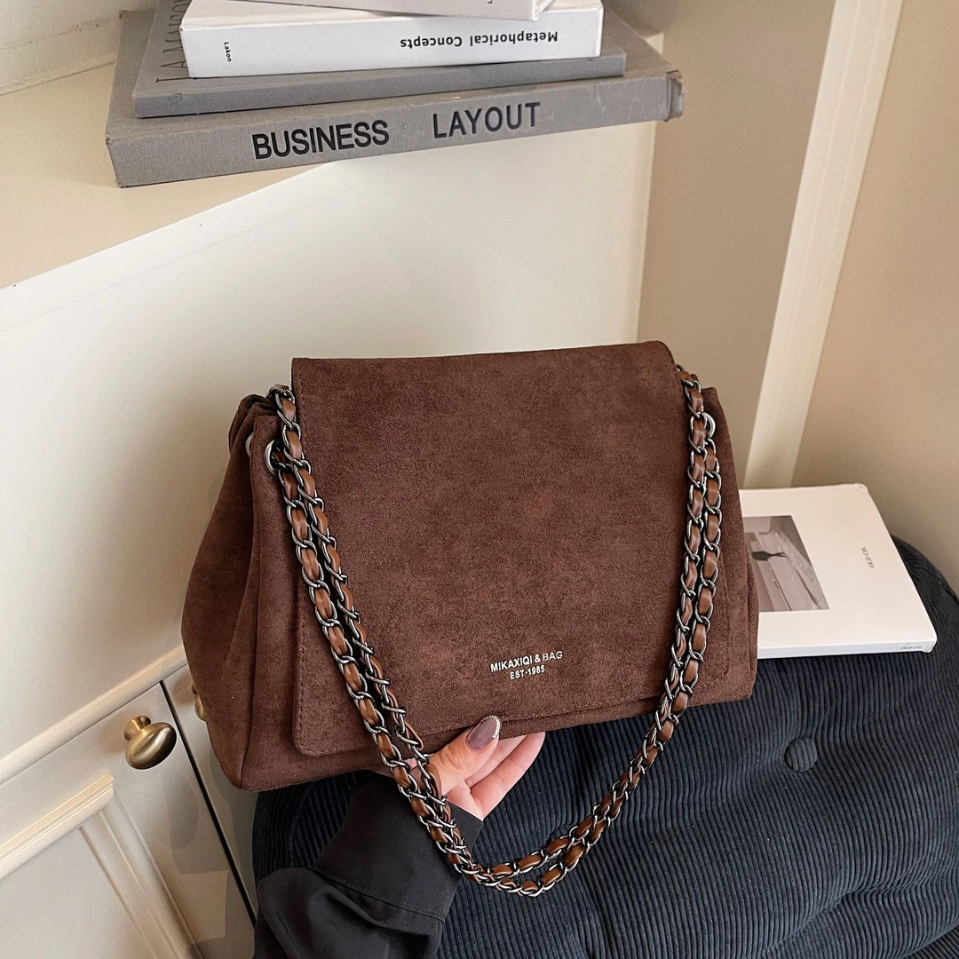 跨境质感麂皮绒斜挎包复古大容量包包女百搭链条时尚邮差包单肩包