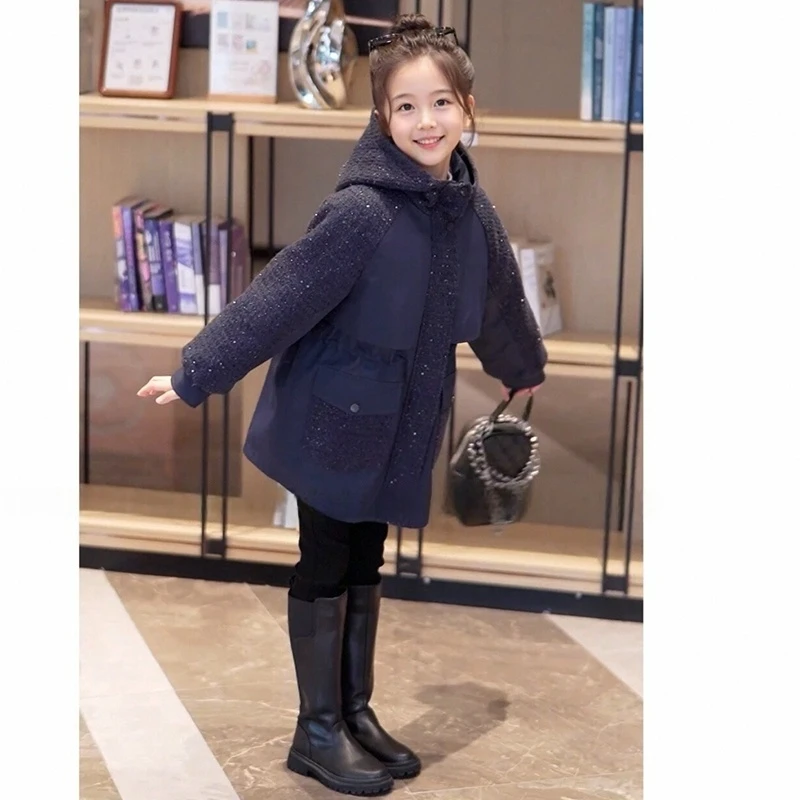 女童外套冬季2025新款儿童洋气亮片加绒连帽上衣小女孩时尚中长款
