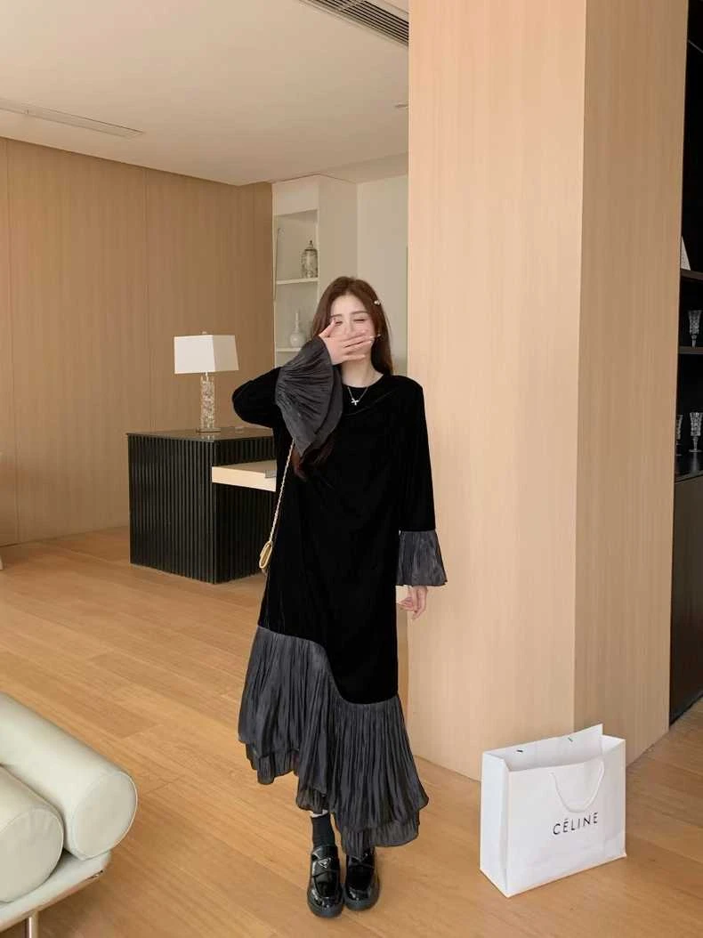 大码胖MM秋季拼接不规则下摆喇叭袖宽松丝绒连衣裙甜美风