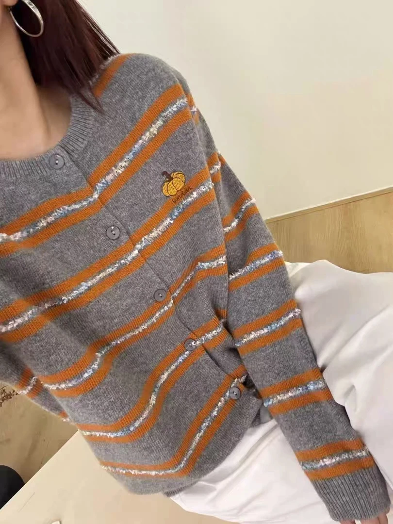 MeiQi 欧奢精品！南瓜刺绣花纱亮丝条纹圆领针织衫上衣秋冬A3730