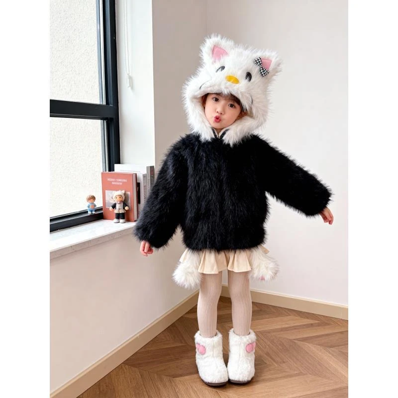 【黑色猫咪】【8810】亲子同款男女宝可爱毛茸茸外套冬款加绒加厚儿童