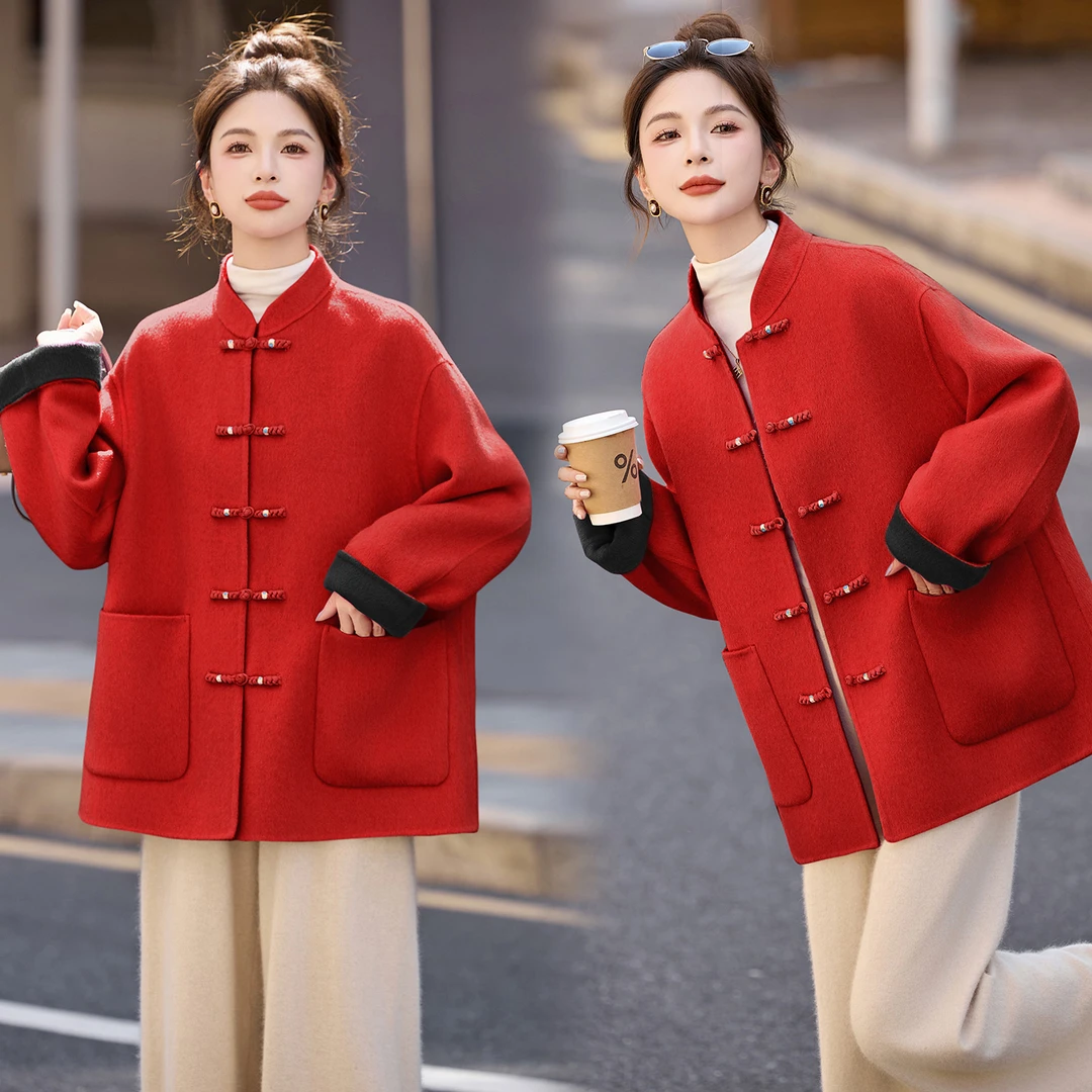 新中式风盘扣双面羊毛大衣女2025秋冬新款高级感气质毛呢外套潮