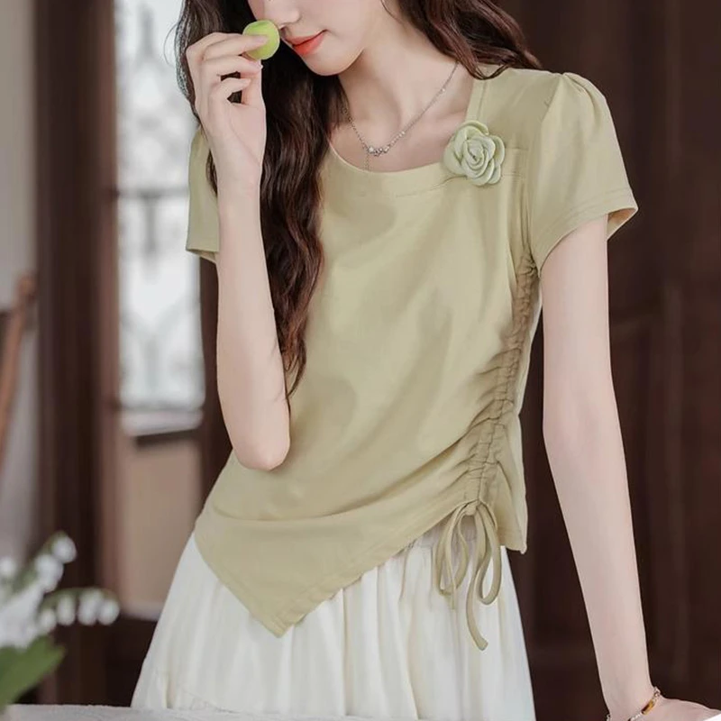 夏季新款不规则立体花朵短袖女士t恤修身显瘦抽绳上衣女休闲百搭