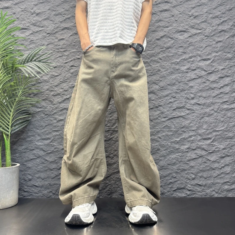 弯刀褶皱垂感拖地牛仔裤宽松时尚阔腿潮流休男士垂感高腰弯刀仔裤