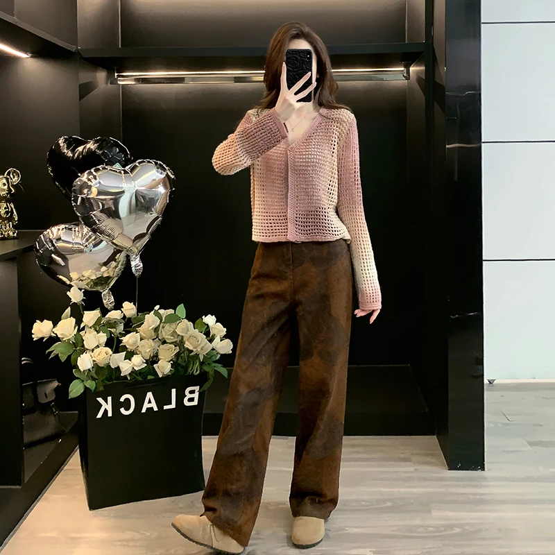 镂空针织开衫女设计感早秋外套宽松罩衫春阔腿牛仔裤直筒宽松长裤