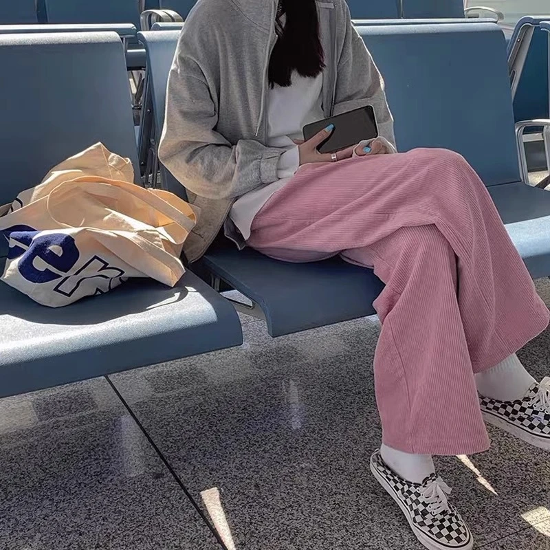 粉色灯芯绒裤子女秋冬胖妹妹大码梨形身材休闲裤显瘦高腰阔腿裤