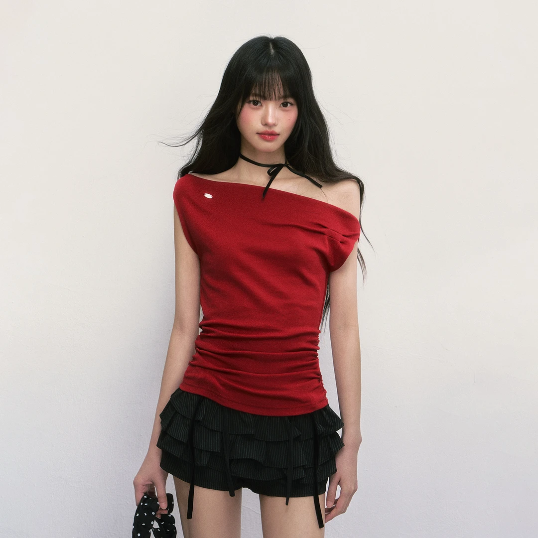 weekendhub 斜肩一字肩T恤女不规则设计感收腰显瘦露肩无袖上衣