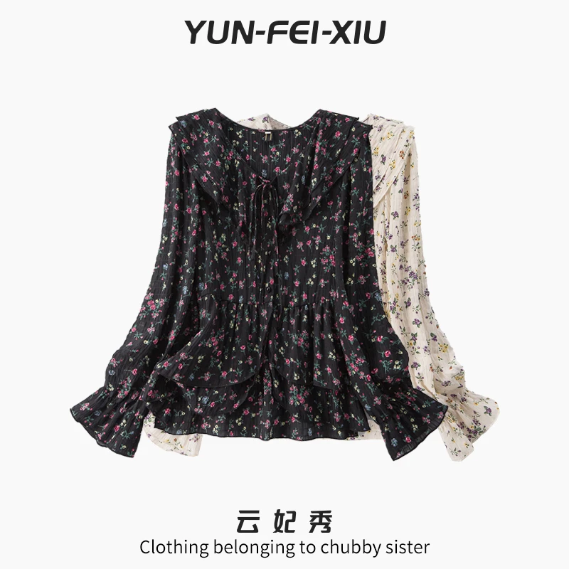 云妃秀大码女装衬衫时尚复古碎花洋气高端雪纺衫气质减龄64025