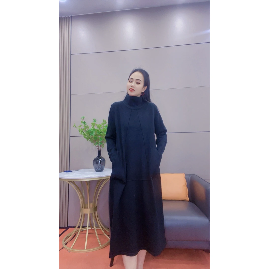 3604 中领双口袋秋冬新款针织连衣裙长款加厚冬季打底裙