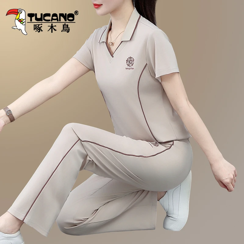 啄木鸟翻领运动套装女2025新款夏季冰丝透气女士妈妈跑步两件套