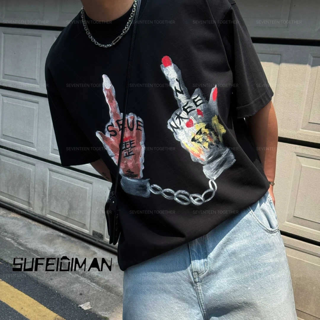 素菲迪缦男士夏款经典白色轻奢休闲百搭宽松印花设计师手绘韩版