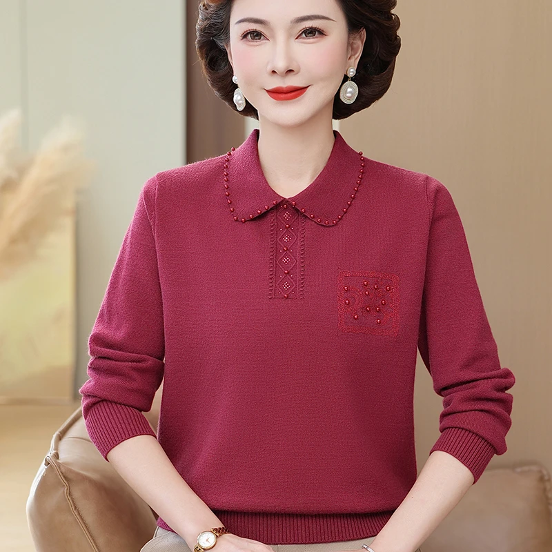 妈妈装秋冬新款翻领针织打底衫上衣中老年人女装洋气宽松大码毛衣