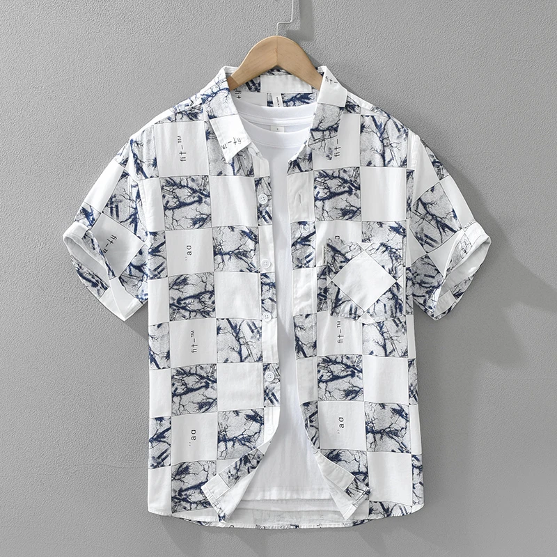 夏季短袖衬衫男新款潮流休闲衬衣复古印花设计感外套纯棉满印格子