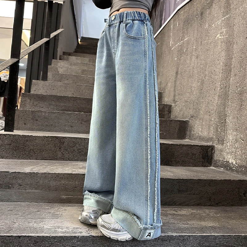 女童毛边修饰牛仔阔腿裤宽松直筒2025新款中大儿童裤子初中生女孩