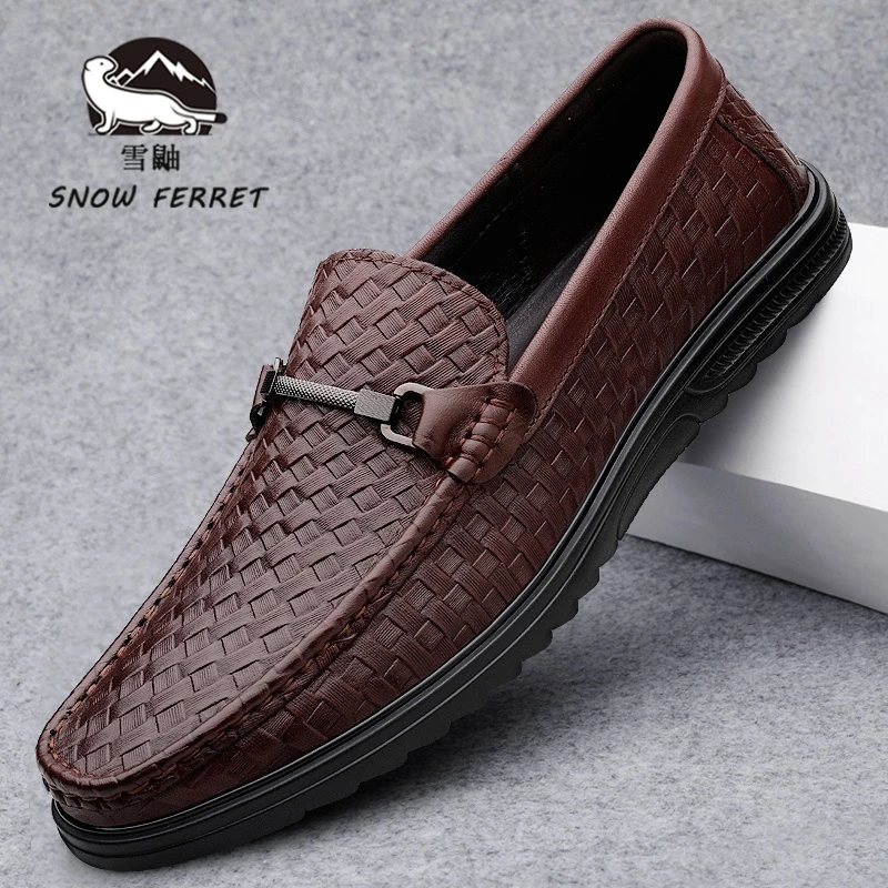 加拿大SNOWFERRET正品豆豆鞋男款英伦商务男鞋真皮软底透气休闲鞋