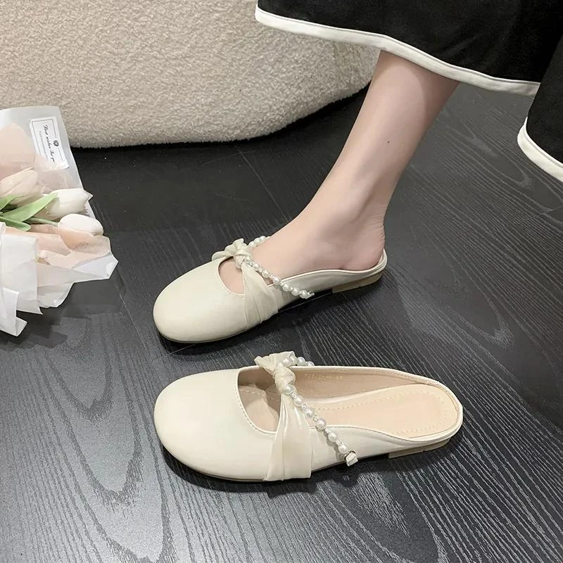 网红仙女风珍珠包头拖女2025春夏季新款平底舒适外出时尚套脚单鞋