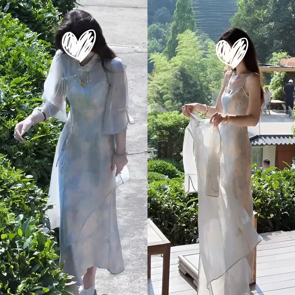 C369新中式气质国风清冷感套装裙夏季新款仙气吊带裙旗袍罩衫女装