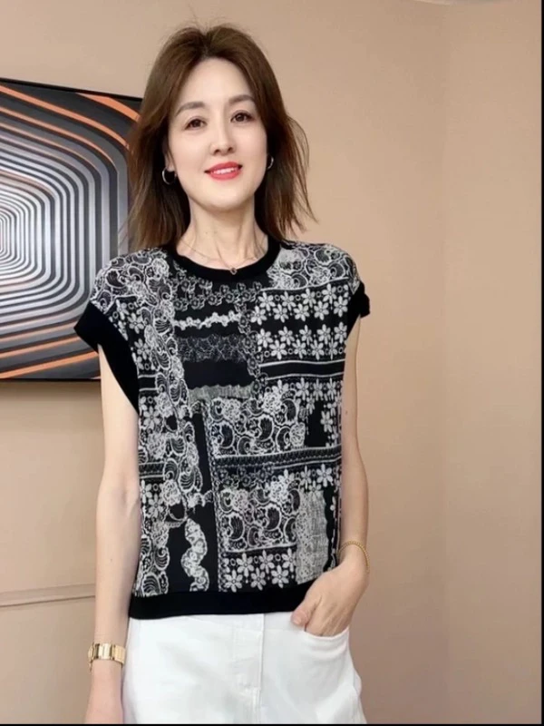 2025夏季新款圆领透气印花时尚无袖衫落肩显瘦 小衫女