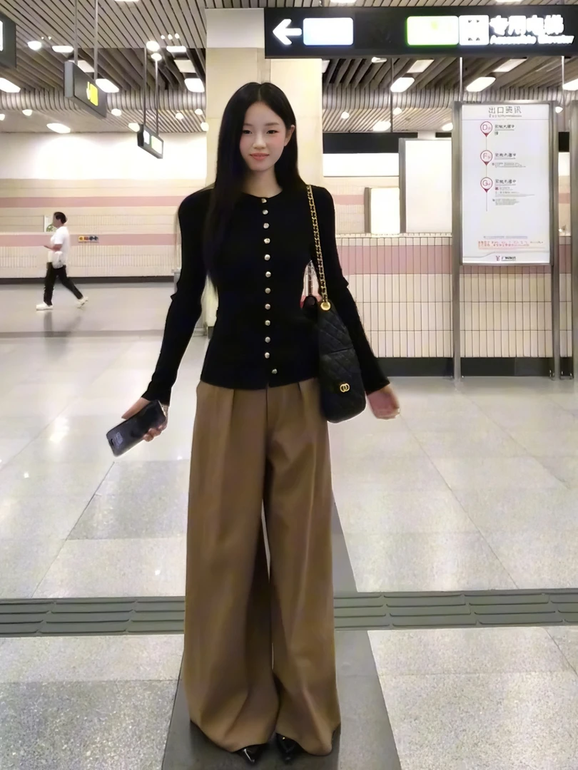 2025秋季新款韩系高级感黑色气质修身上衣复古阔腿裤时尚两件套女