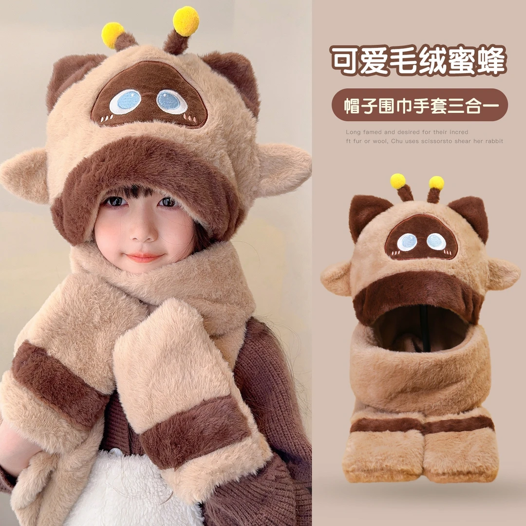 儿童卡通毛绒帽子围巾一体韩版女童秋冬季可爱甜美保暖防寒护耳帽