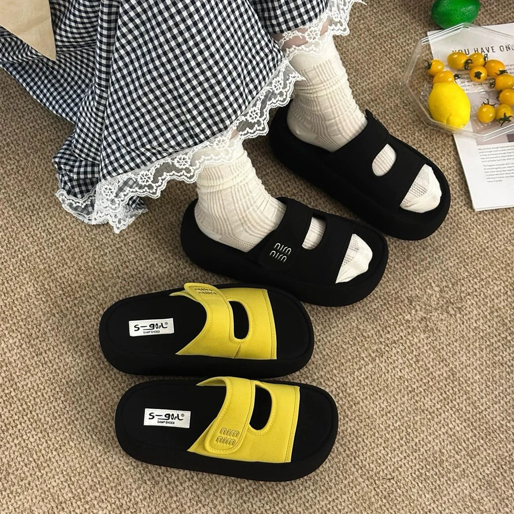 【芙俪兰】夏季新款纯色百搭摇摇底拖鞋魔术贴一字拖凉拖鞋