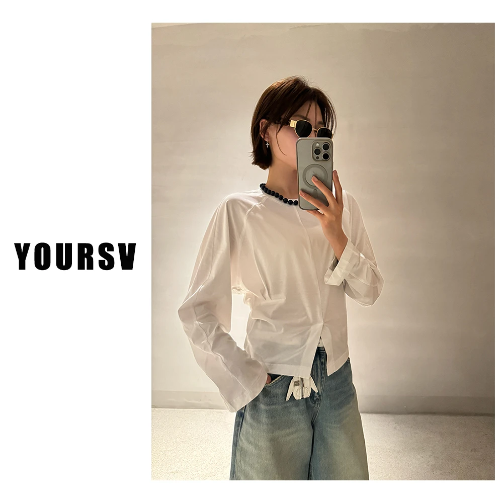 【YOURSV】「蝙蝠袖白T」春季薄款休闲T恤圆领长袖透气设计感纯色上衣