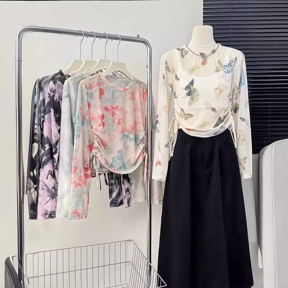 百感网纱衫罩衫女夏季甜辣妹抽绳短款正肩长袖圆领上衣潮2025