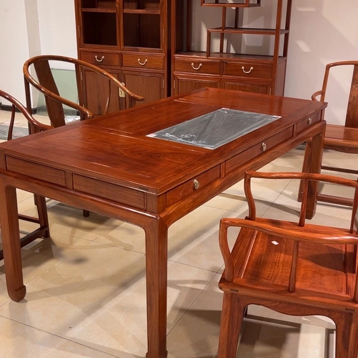 紫檀木类家具虎**山缅花茶桌7件套