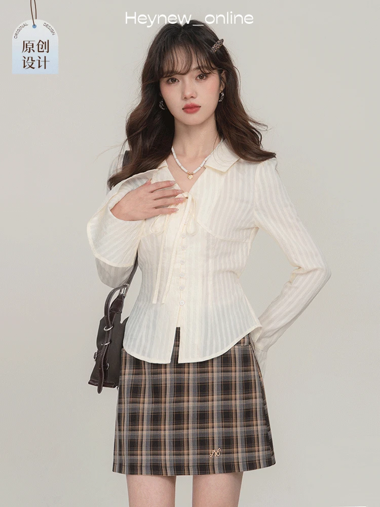 【HEYNEW黑妞】翻领掐腰显瘦衬衫针织短款小众日常-5C444