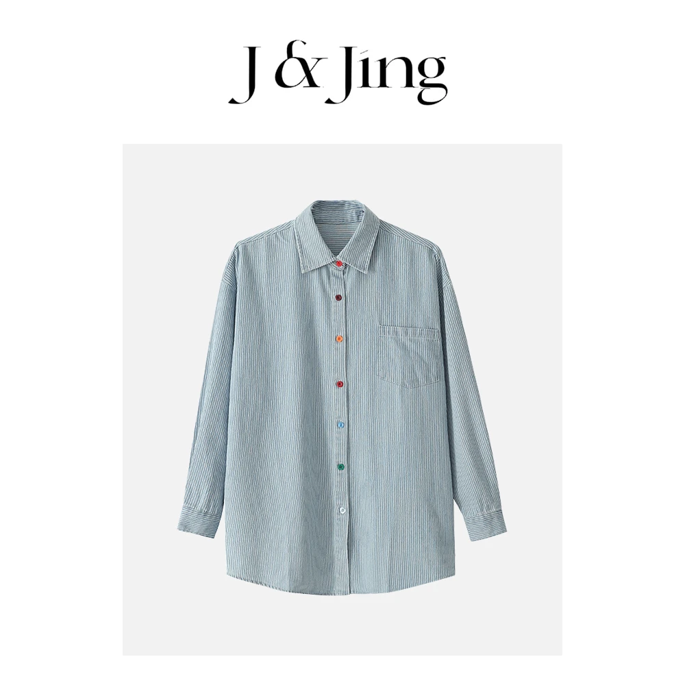 J&Jing-「多巴胺」-春款上新~彩色扣子宽松百搭条纹衬衣外套11538