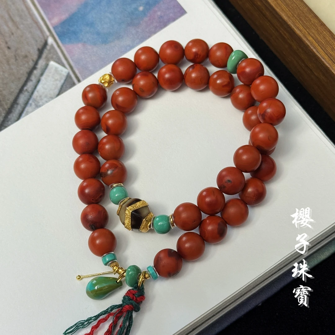 樱子 | 思年 18K包浆南红原矿绿松古珠时尚双圈手串*YZN3139