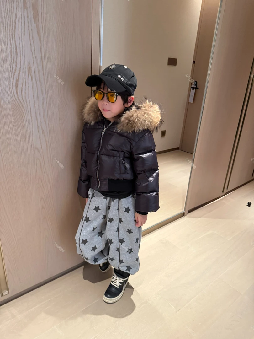 令佳潮牌冬款儿童中性黑色90白鸭绒毛领连帽保暖羽绒服童装3225